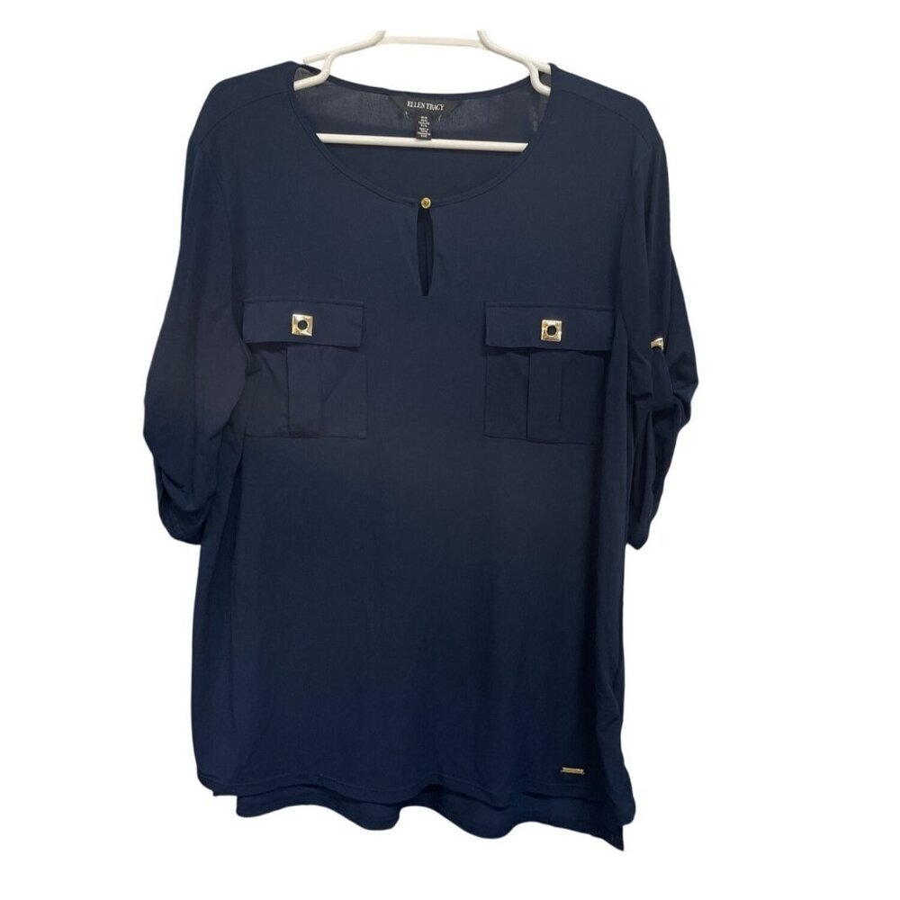 Ellen Tracy Womens Navy Blue 3/4 Sleeve Top‎ Button Keyhole Pocket Detail Size M